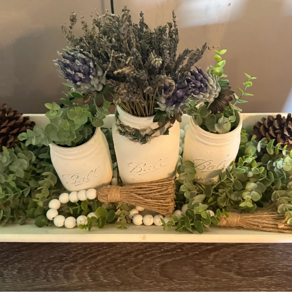 Rustic Cream Mason Jar Set with Lavender and Greenery